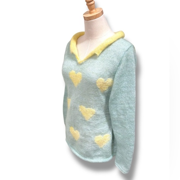 Vintage Retro Handknit Mohair Heart Pattern Sweater Buttercup Yellow Mint Green - Picture 7 of 8